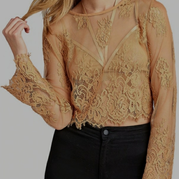 Active USA Tops - Active USA Lace Long Sleeve Crop Top